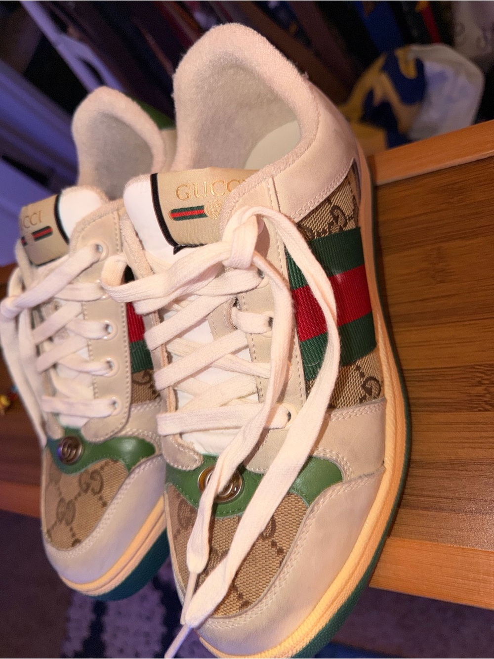 Gucci White Leather & Beige GG Canvas Sneakers with Green and Red Stripe